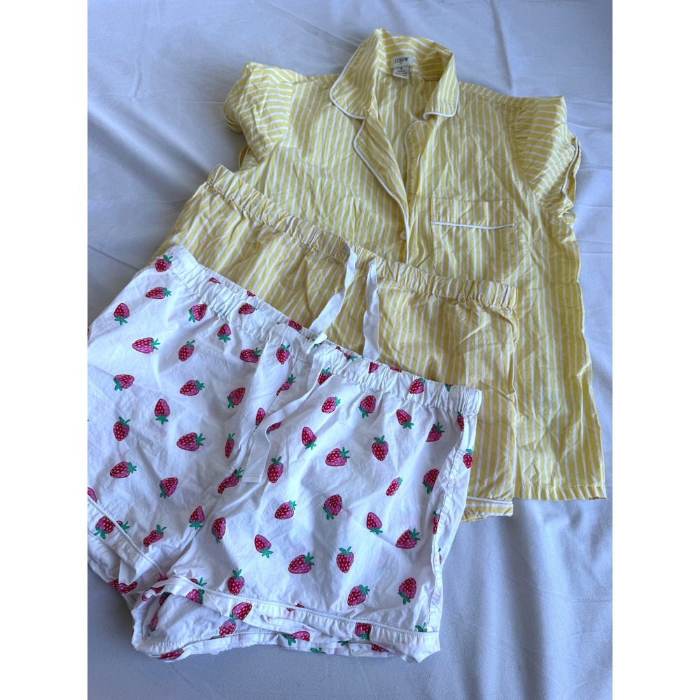 J.Crew Yellow Striped Cotton Pajama Set Strawberry Short Prep Loungewear Medium